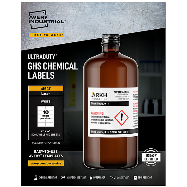 A brown bottle with an Avery UltraDuty GHS chemical label on it.
