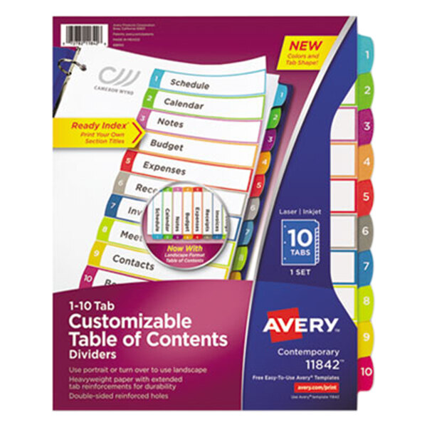Avery® 11842 Ready Index 10-Tab Multi-Color Customizable Table of Contents Dividers in a colorful binder.