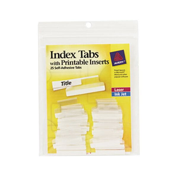 A package of Avery clear plastic index tabs with white inserts.