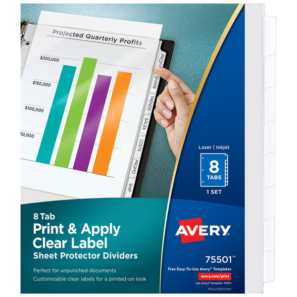 A package of Avery Clear Sheet Protector Dividers with white tabs.