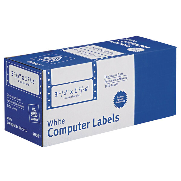 A blue and white box of Avery White Dot Matrix Mailing Labels.