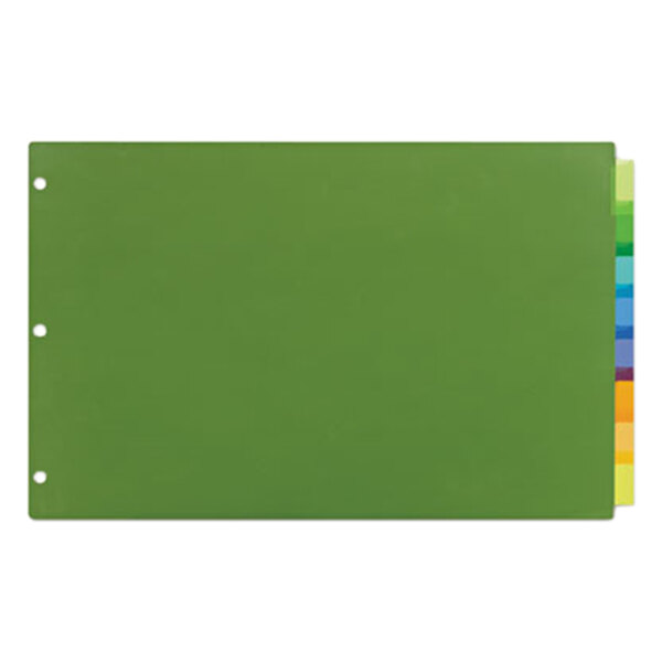 A green file folder with multicolored tabs.