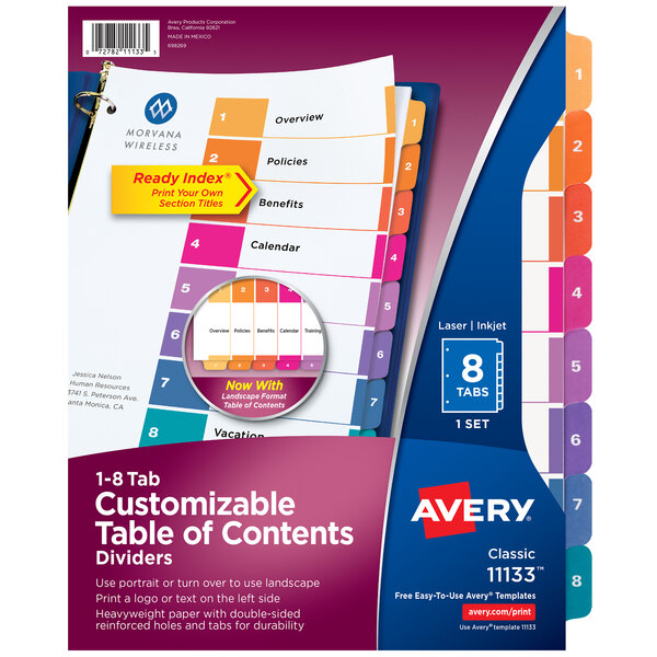 A package of Avery® 11133 multi-color tab dividers with a purple and white label.