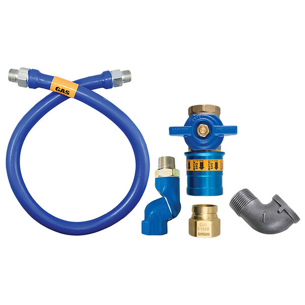 A blue Dormont gas connector hose with swivel fittings.