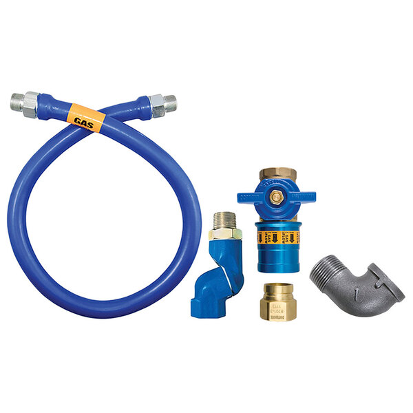 A blue and white Dormont gas connector hose with a black pipe and swivel fitting.