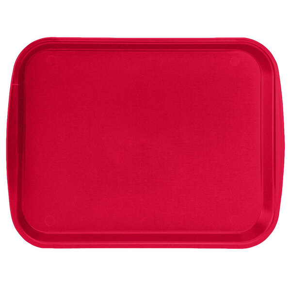 A red Vollrath plastic tray with built-in handles.