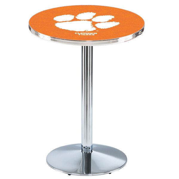 A Holland Bar Stool Clemson University pub table with a paw print logo on the orange table top.
