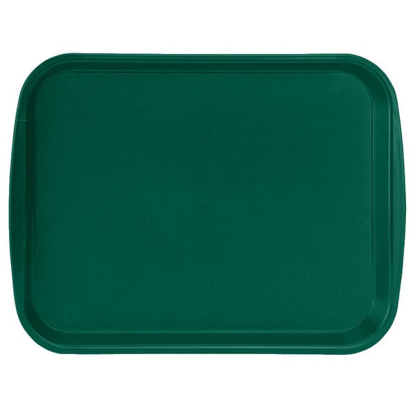 A Vollrath Vista Green rectangular plastic fast food tray with built-in handles.