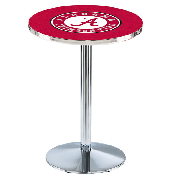 A round Holland Bar Table with the University of Alabama Crimson Tide logo on it.