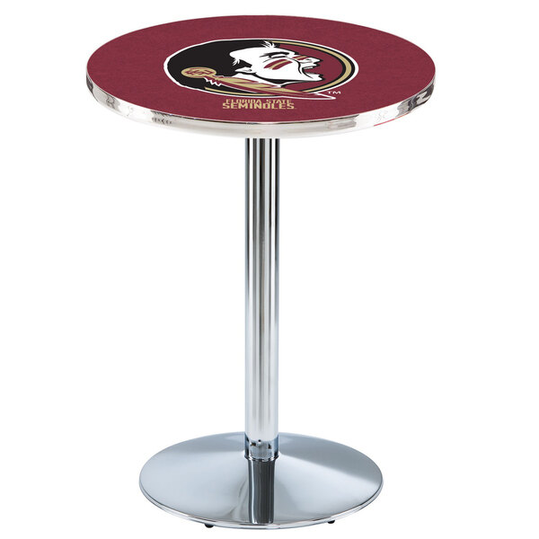 A Holland Bar Stool Florida State University pub table with a round chrome base and the Florida State University Seminoles logo on the top.