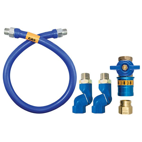 A blue hose with a yellow label and two brass fittings.