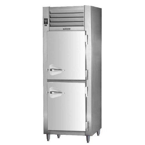 A stainless steel Traulsen pass-through refrigerator with white half doors.