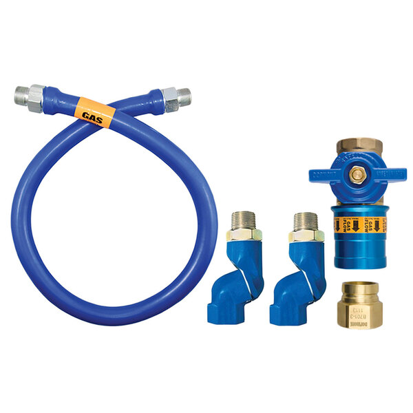 A blue Dormont gas connector hose with blue and white fittings.