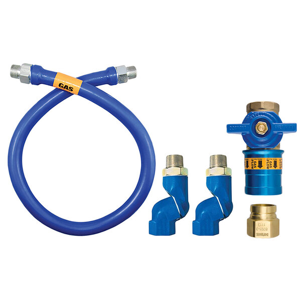 A blue hose and hose fittings with a yellow label.