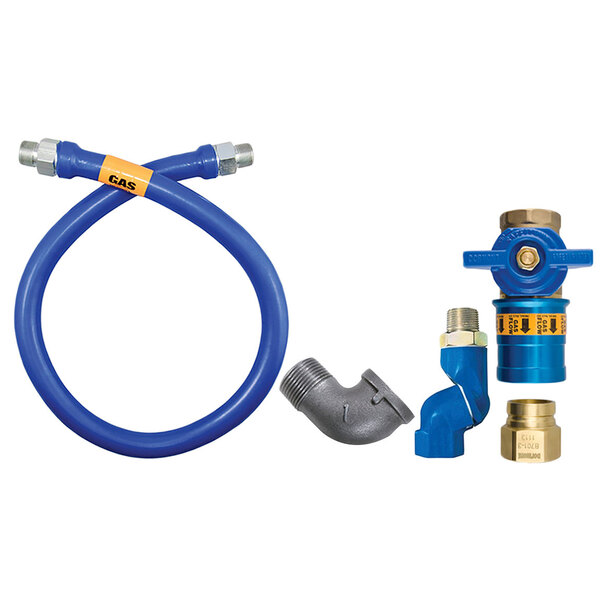A blue Dormont gas hose and pipe set with a coupler.