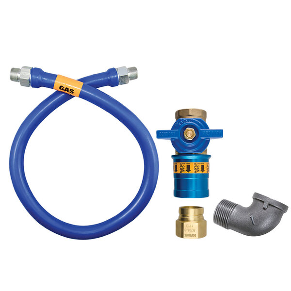 A blue flexible Dormont gas hose with metal fittings and a yellow label.