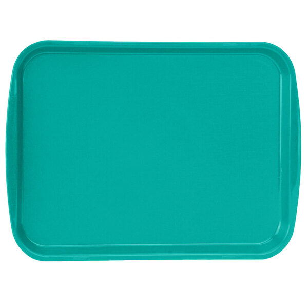 A teal rectangular Vollrath fast food tray with built-in handles.