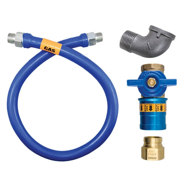 A blue flexible Dormont gas hose with a gold coupler and elbow.