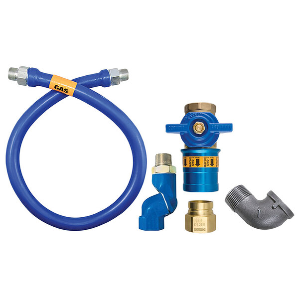 A blue hose with blue and gold fittings and a blue swivel tube.