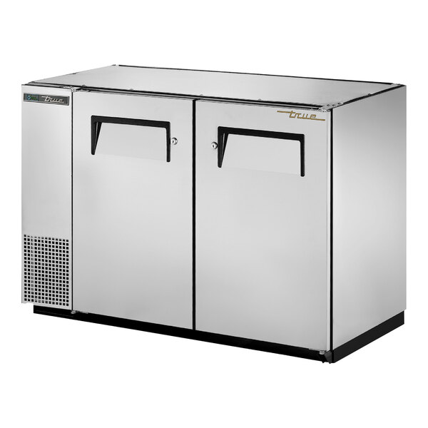 A True stainless steel back bar refrigerator with two narrow solid doors.