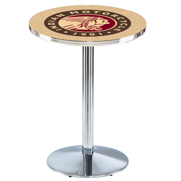 A round Holland Bar Stool pub table with an Indian Motorcycle logo on it.