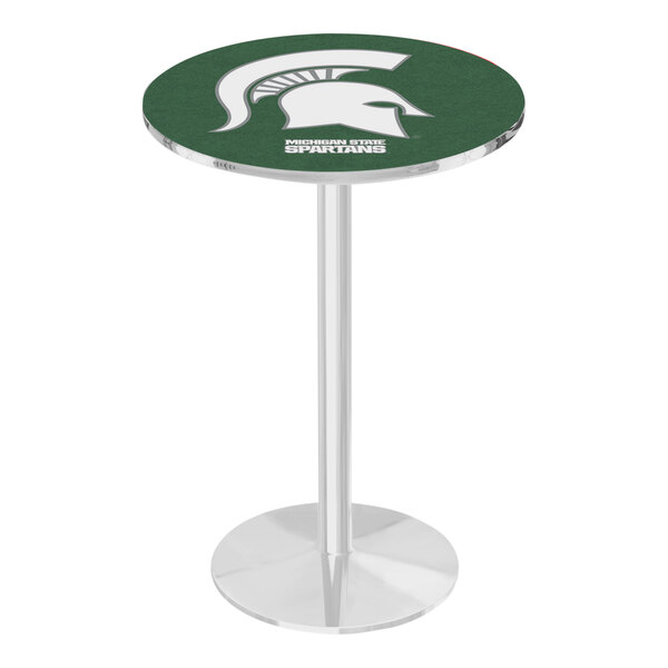 A round green table top with a white circle and green "Michigan State Spartans" logo.