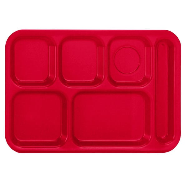 A red rectangular Vollrath tray with 6 square compartments.