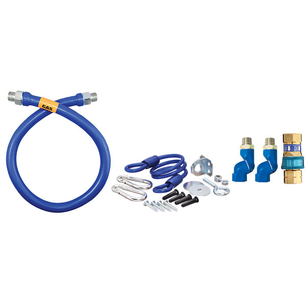 A blue Dormont gas connector hose kit with fittings.