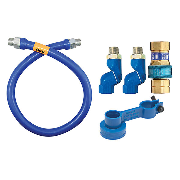 A blue Dormont gas hose with fittings.