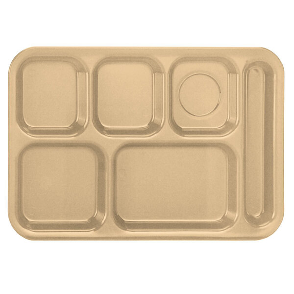 A tan rectangular tray with six compartments.