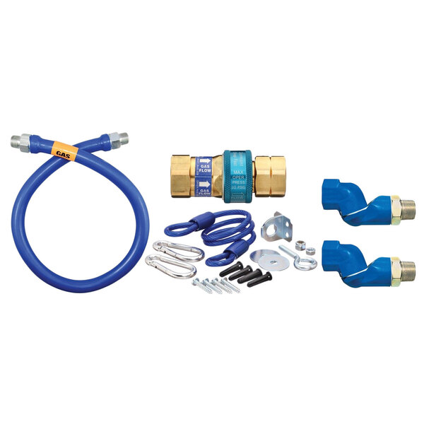 A blue Dormont gas connector kit with a hose and restraining cable.