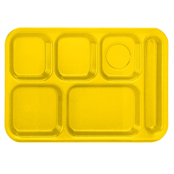 A yellow rectangular Vollrath tray with 6 square compartments.