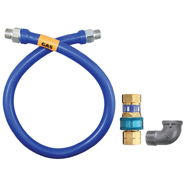 A blue Dormont gas hose with a blue and gold pipe fitting.