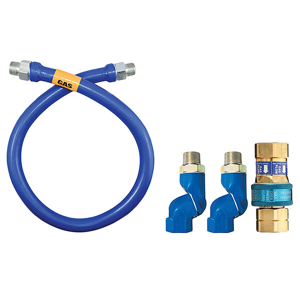A blue hose with brass fittings and a yellow label.