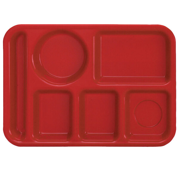 A red Vollrath rectangular tray with six compartments.