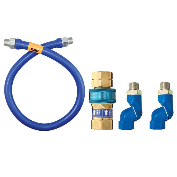 A blue flexible hose with a yellow label and two blue pipes with a blue hose and coupler.