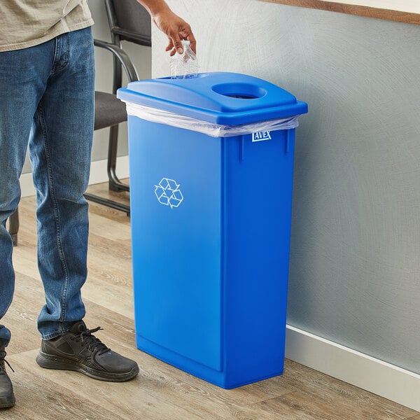 Lavex 23 Gallon Blue Slim Rectangular Recycling Can and Blue Lid with Holes