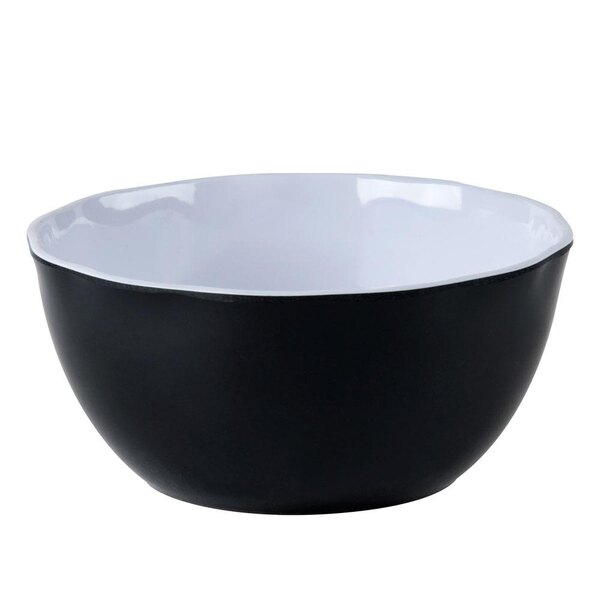 A black melamine bowl with a white rim.