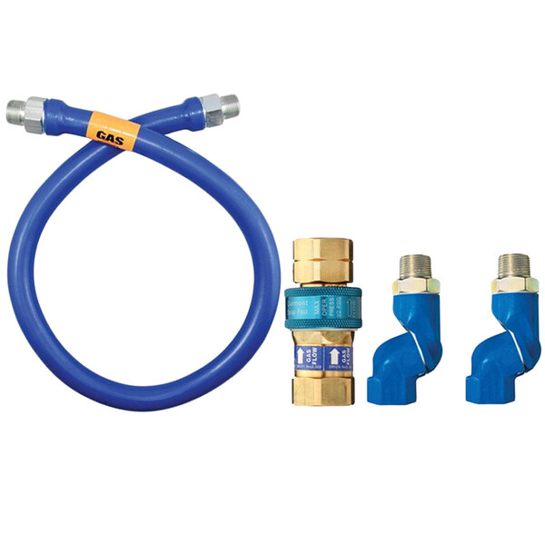 A blue Dormont gas hose with yellow and blue connectors.