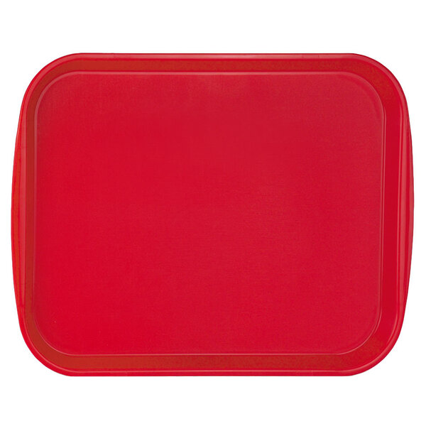 A red Vollrath rectangular plastic fast food tray with built-in handles.