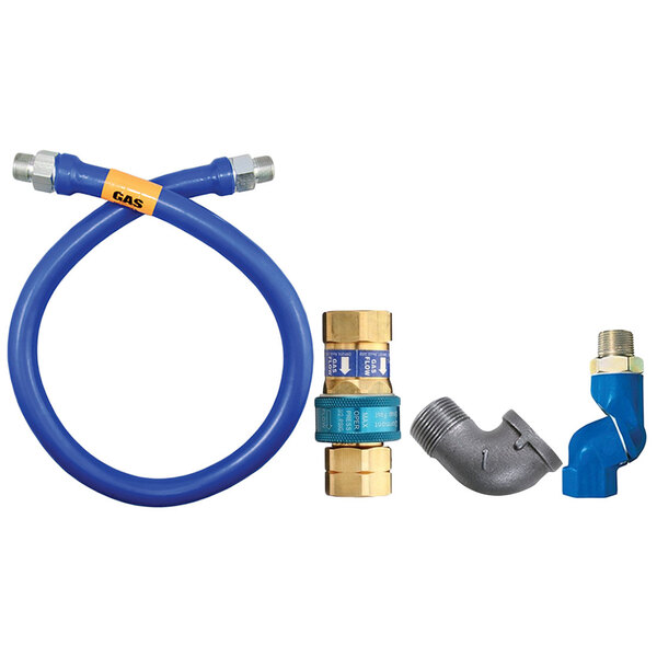 A blue Dormont gas connector hose with yellow fittings and two pipes.