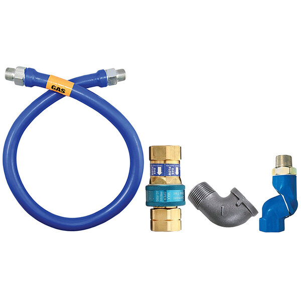 A blue Dormont gas hose with yellow Swivel MAX fitting and elbow.