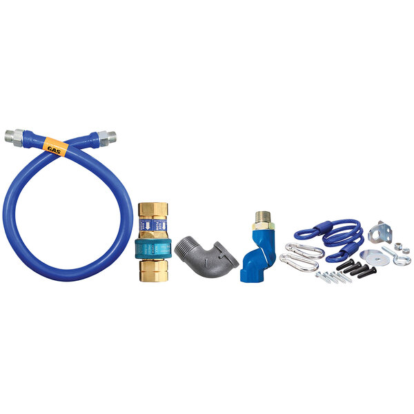 A blue Dormont gas connector hose kit with fittings.