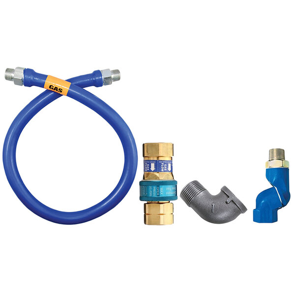 A blue Dormont gas hose with Swivel MAX and elbow fittings.