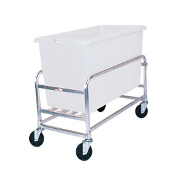 A white plastic tub on a Winholt stainless steel cart.