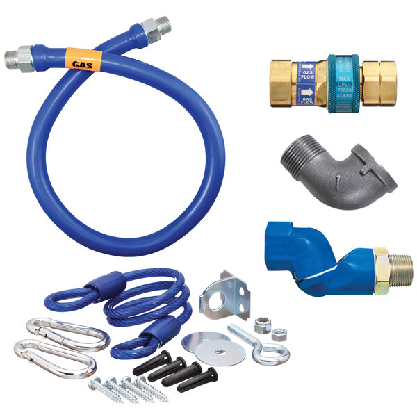 A blue Dormont gas connector hose kit with swivel MAX elbow and restraining cable.