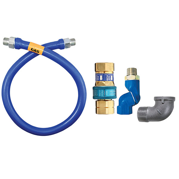 A blue Dormont gas hose with blue and gold fittings.