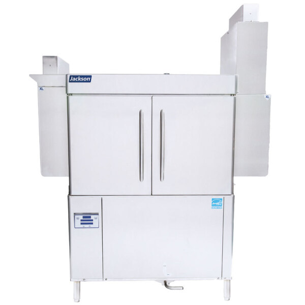 A white rectangular Jackson RackStar conveyor dishwasher with two doors.