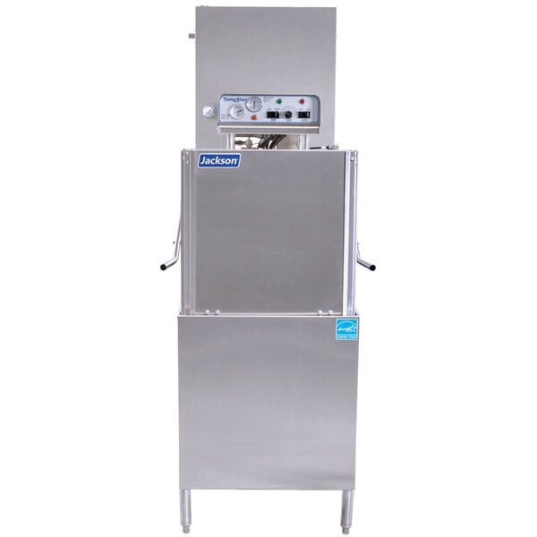 A stainless steel Jackson TempStar door type dishwasher with control panel.