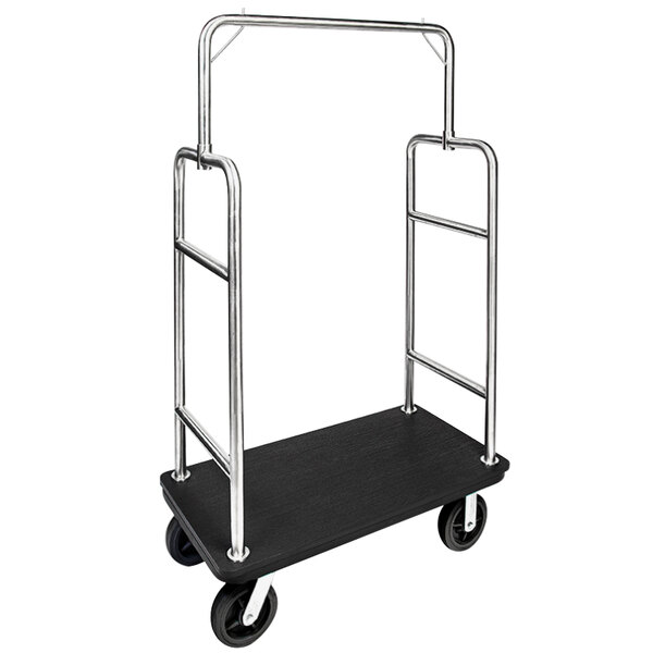 A black and silver metal CSL bellman cart with wheels and metal handles.